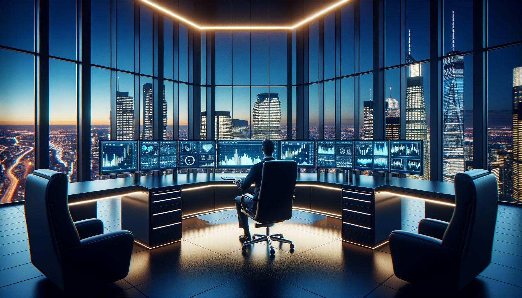 Financial services trading floor at dusk