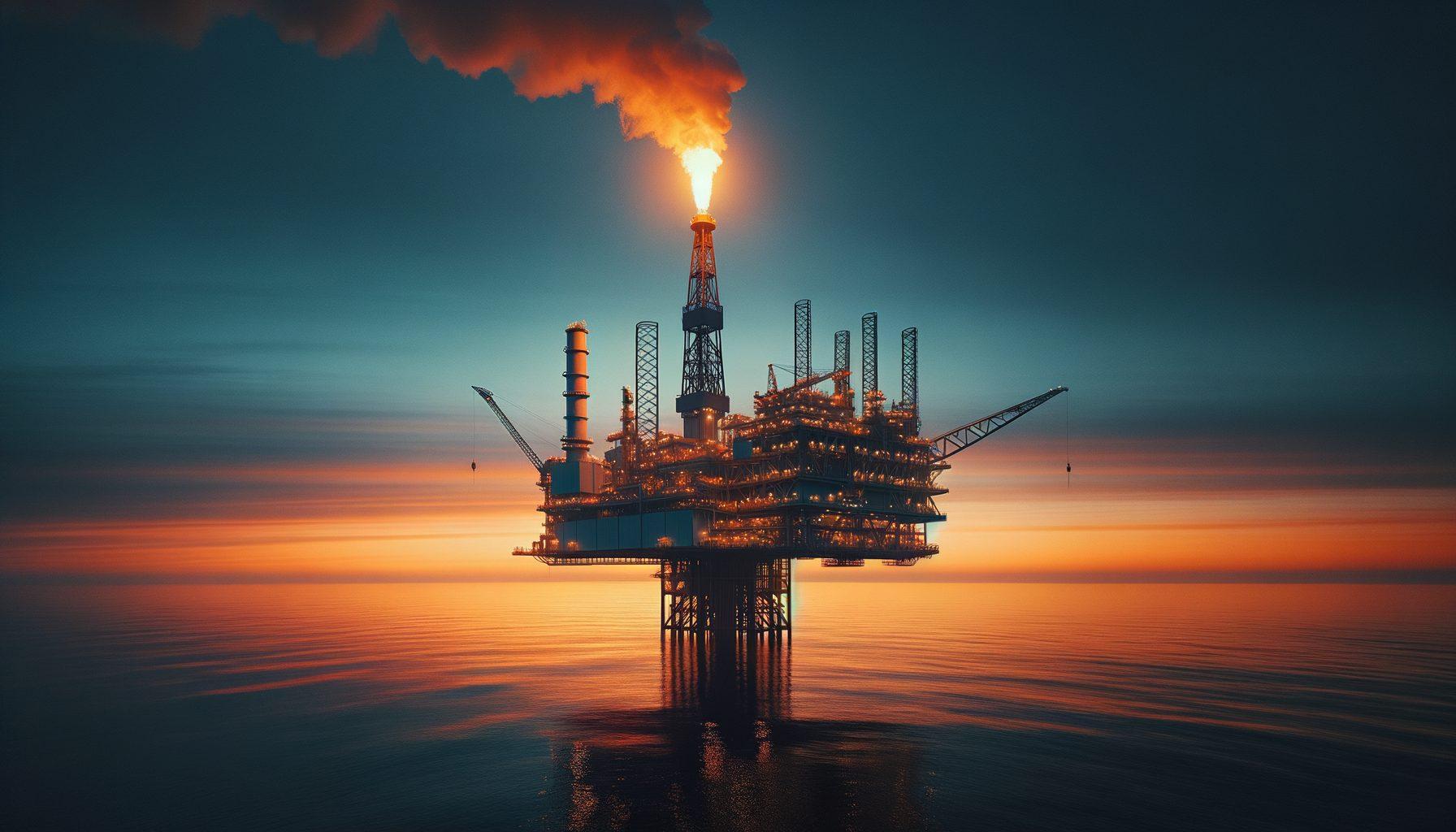 Offshore oil and gas platform at golden hour