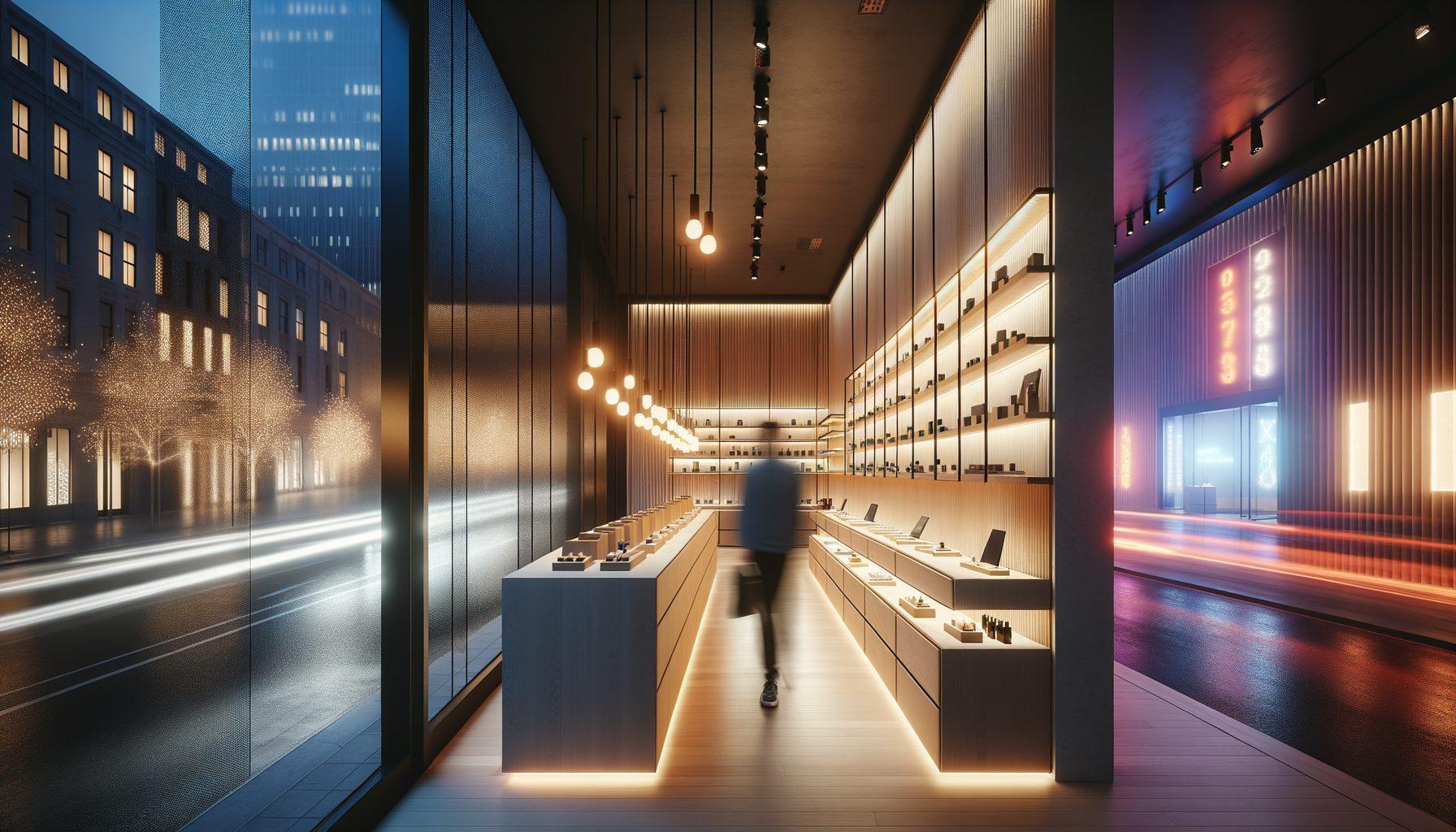 Modern flagship retail store interior at twilight