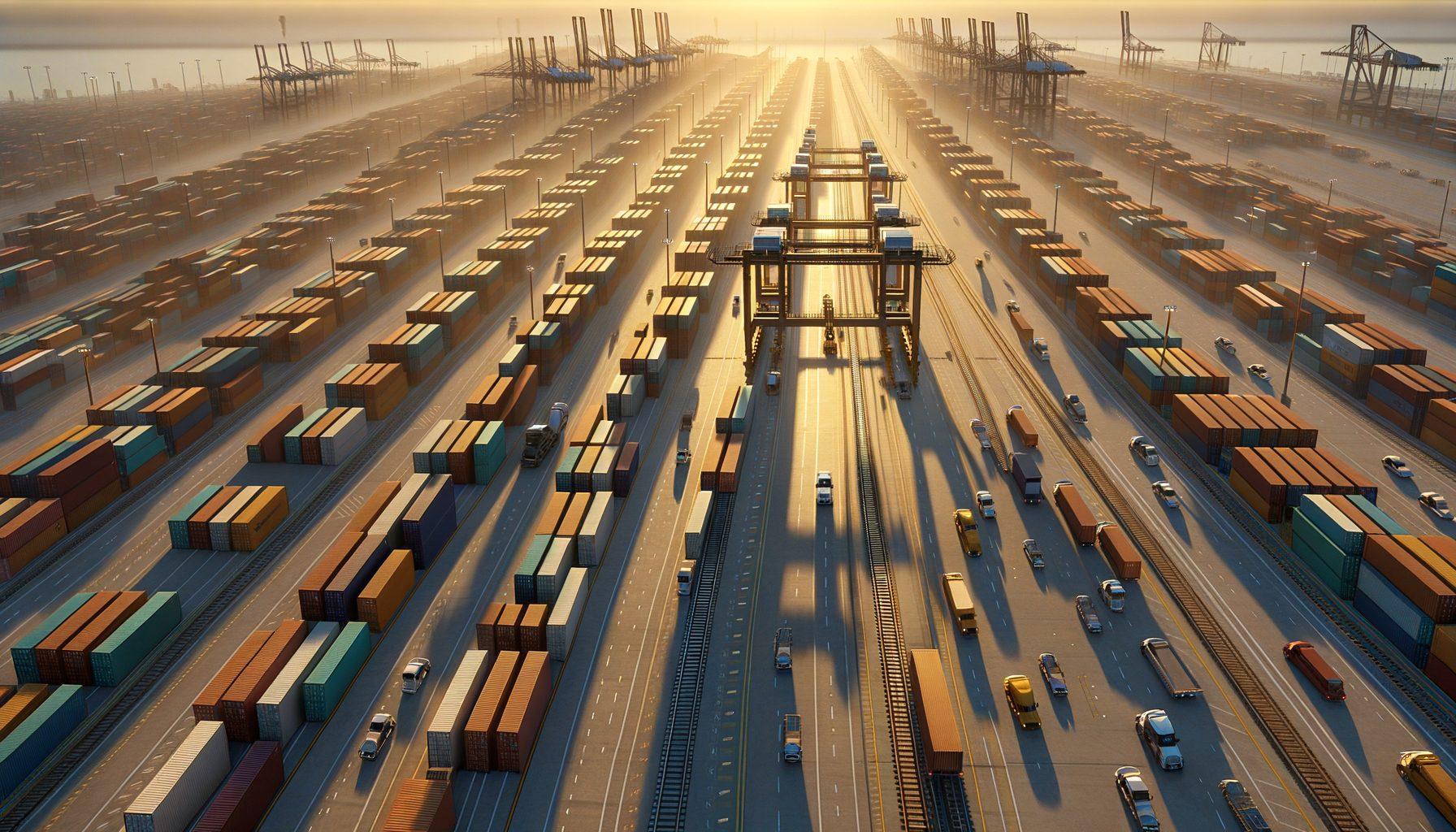 Aerial view of multimodal logistics hub at golden hour